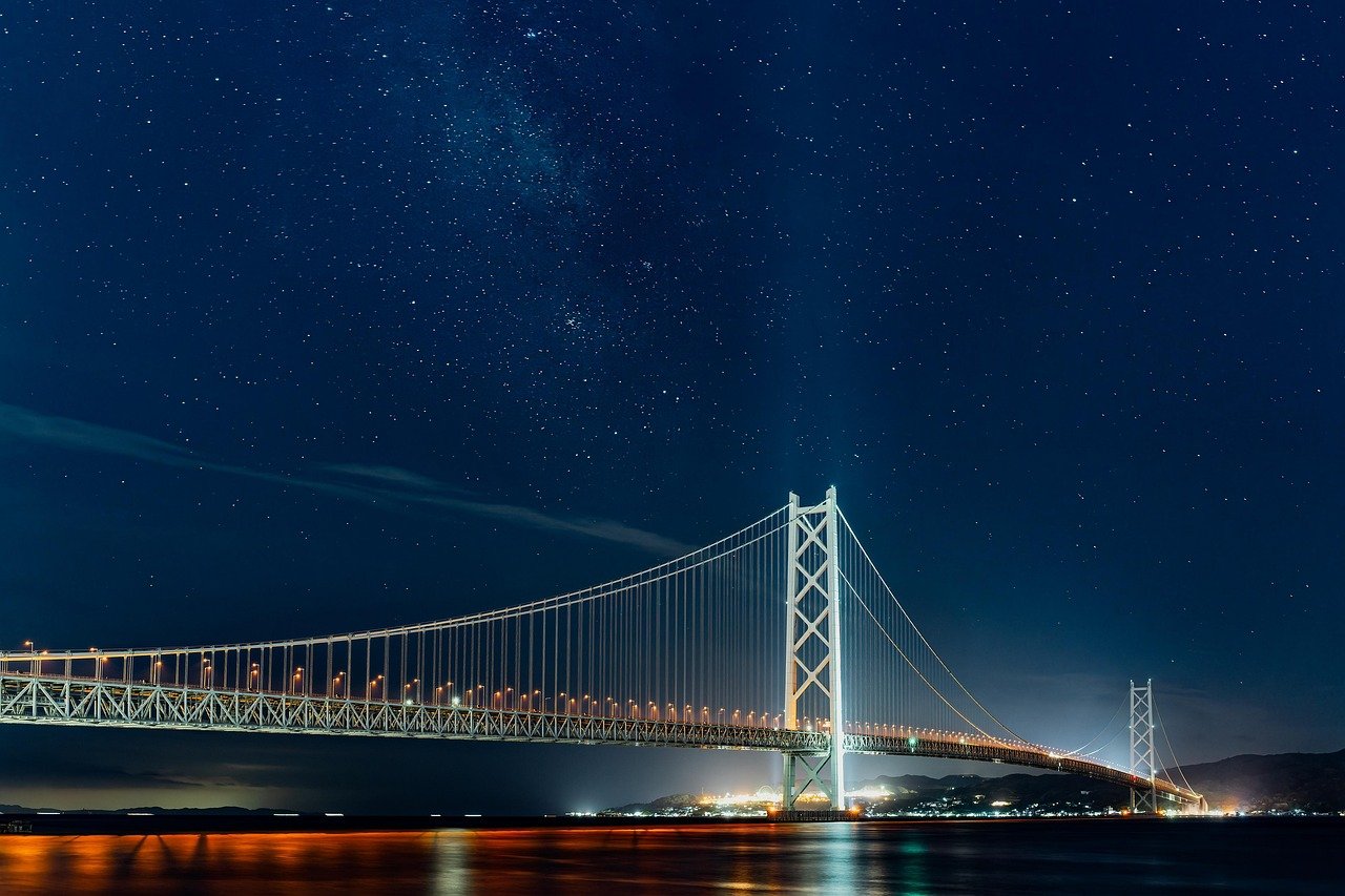 bridge, night view, the akashi-kaikyo bridge, starry sky, milky way, the longest suspension bridge in the world, japan, landscape, bridge, bridge, bridge, bridge, bridge, night view, milky way, japan, japan, japan, japan